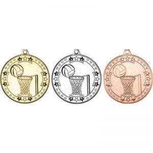 product image showing 3 netball medals with ball in net in gold silver and bronze.