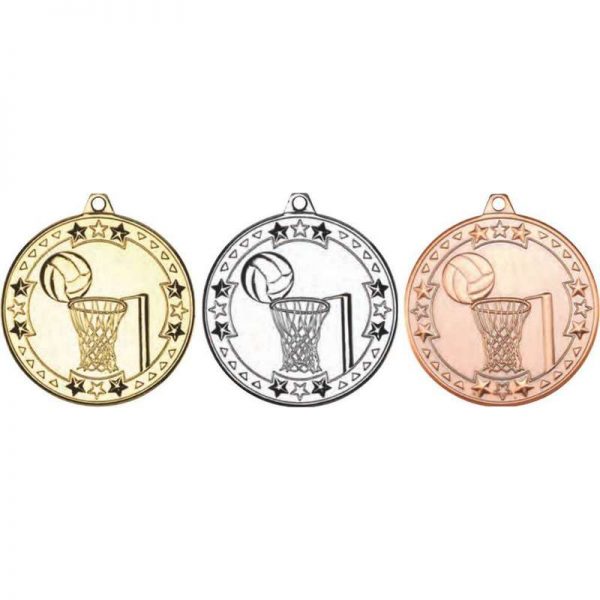 product image showing 3 netball medals with ball in net in gold silver and bronze.