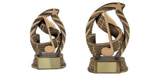 image showing two rfst5918 music note trophies of different sizes on a white background.