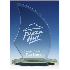 image showing jade glass award with the Pizza Hut logo engraved into it on calming blue background