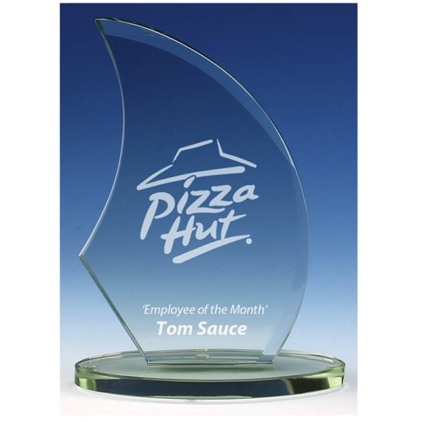 image showing jade glass award with the Pizza Hut logo engraved into it on calming blue background
