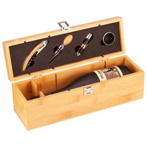 image showing bamboo wine box with 4 tools stored in lid with 19 crimes wine bottle as a sample on white background.