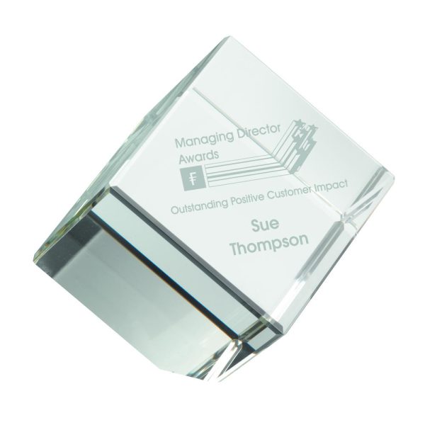 Image showing glass cube paperweight with corporate logo and employee name example