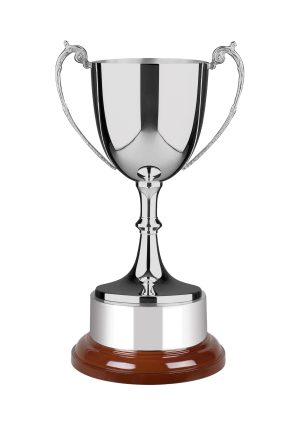 This image shows a staffordshire nickel plated trophy cup against white background