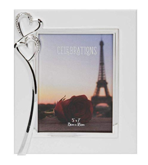 Image showing double hearts crystal frame with eiffel tower stock image framed in it against white background
