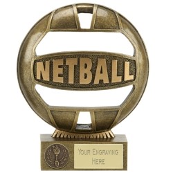 Image showing netball shaped trophy with sample engraving plaque against white background