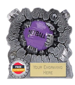 Image showing purple netball smash trophy with centre and engraving plaque of your choice against white background