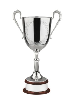 Image showing giant nickel plated trophy cup with laurel wreath against white background