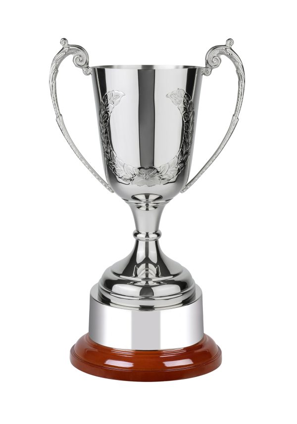 Image showing hand chased trophy cup with laurel wreath unengraved against white background