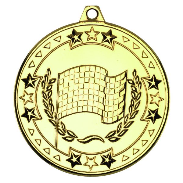 Image showing gold metal medal with chequered flag plus wreath with stars around the edge