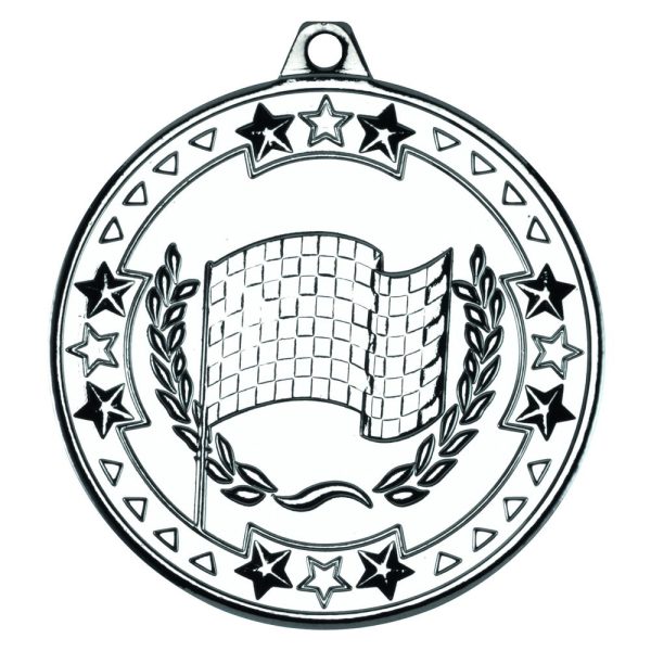 Image showing silver metal medal with chequered flag plus wreath with stars around the edge