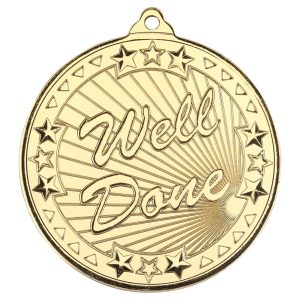 Image showing gold medal with star design around the edge and the text "well done" large in the centre in a fun font